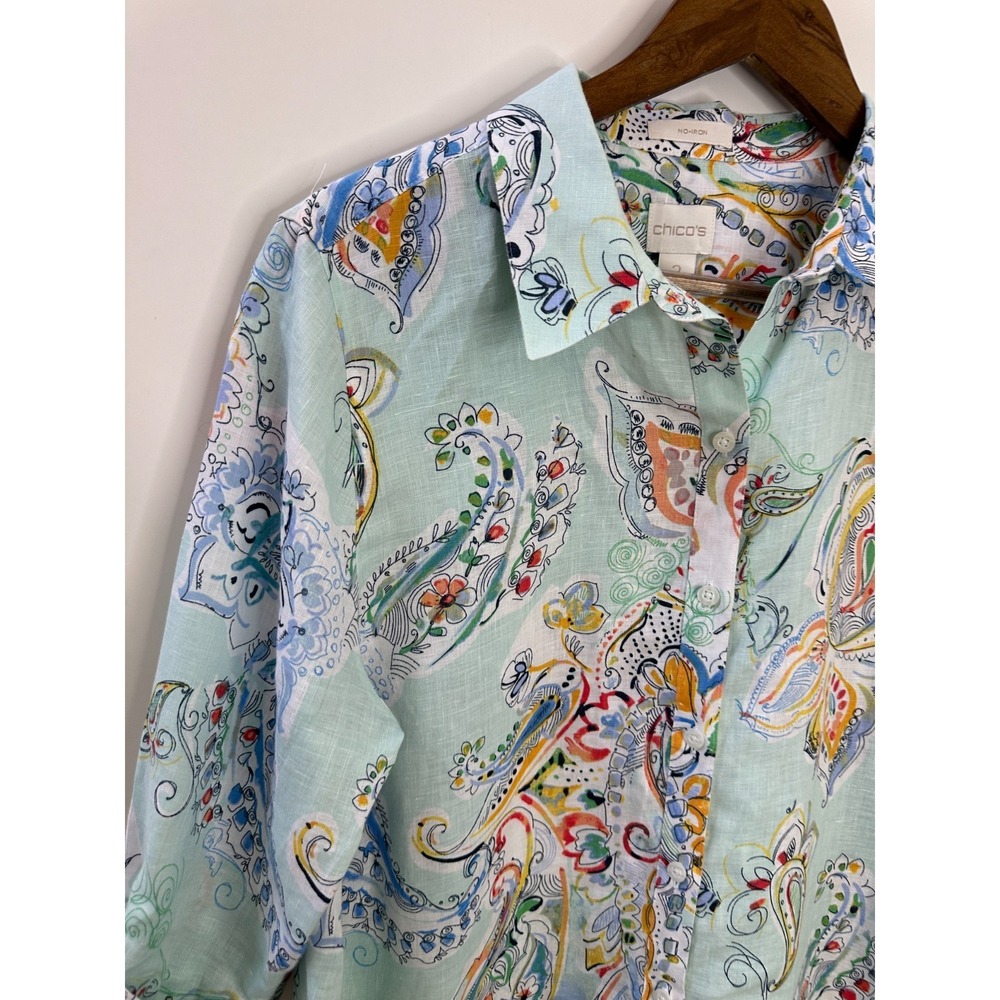 Chicos Effortless Linen Whimsy No-Iron Paisley Button Down Shirt Size 2 Large 12 - Picture 4 of 10